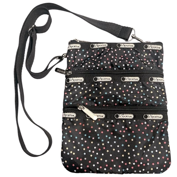LeSportsac 3-Zip Crossbody Black Stardust Pattern Travel Hands Free Adjustable - Picture 1 of 11